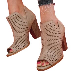 Restricted Wink Wink Taupe Laser-Cut Open Toe Block Heel Booties Boots Women 7.5